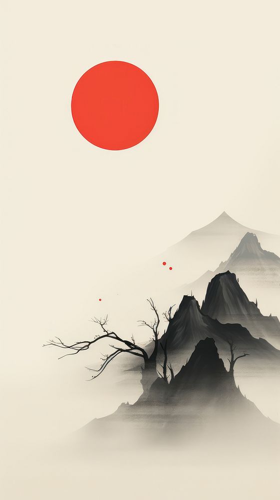 Mountain with the red sun outdoors painting nature. AI generated Image by rawpixel.