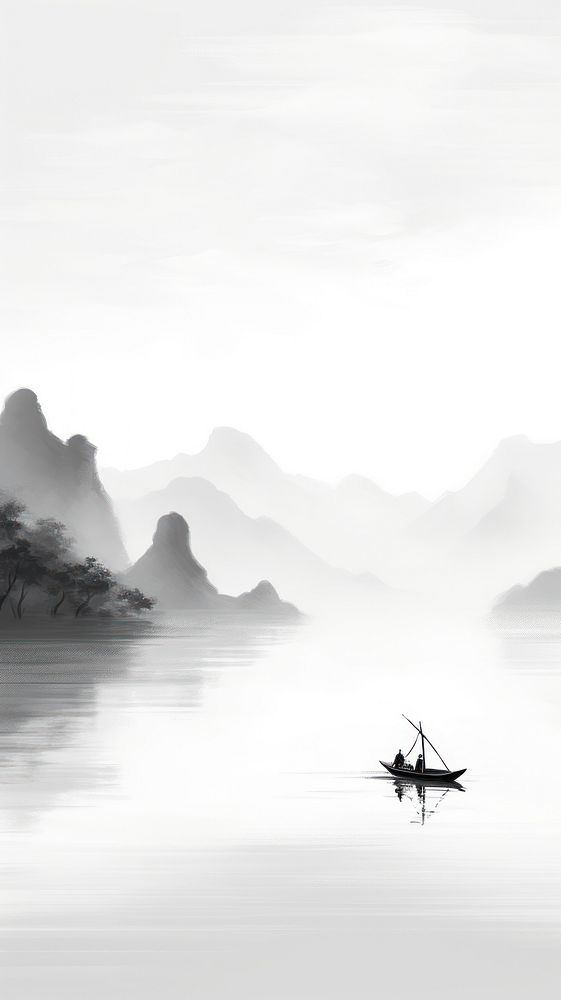 A chinese boat on the lake and mountain landscape outdoors vehicle. AI generated Image by rawpixel.