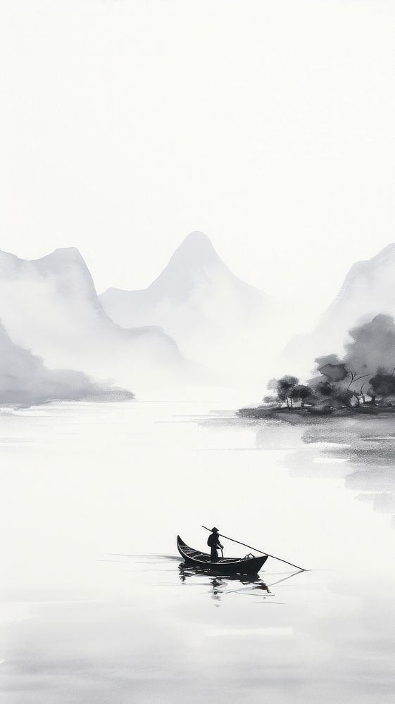 Chinese Boat Lake And Mountain 