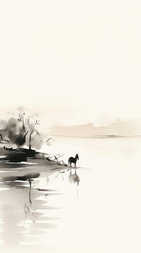 A horse on the lake silhouette outdoors painting. AI generated Image by rawpixel.