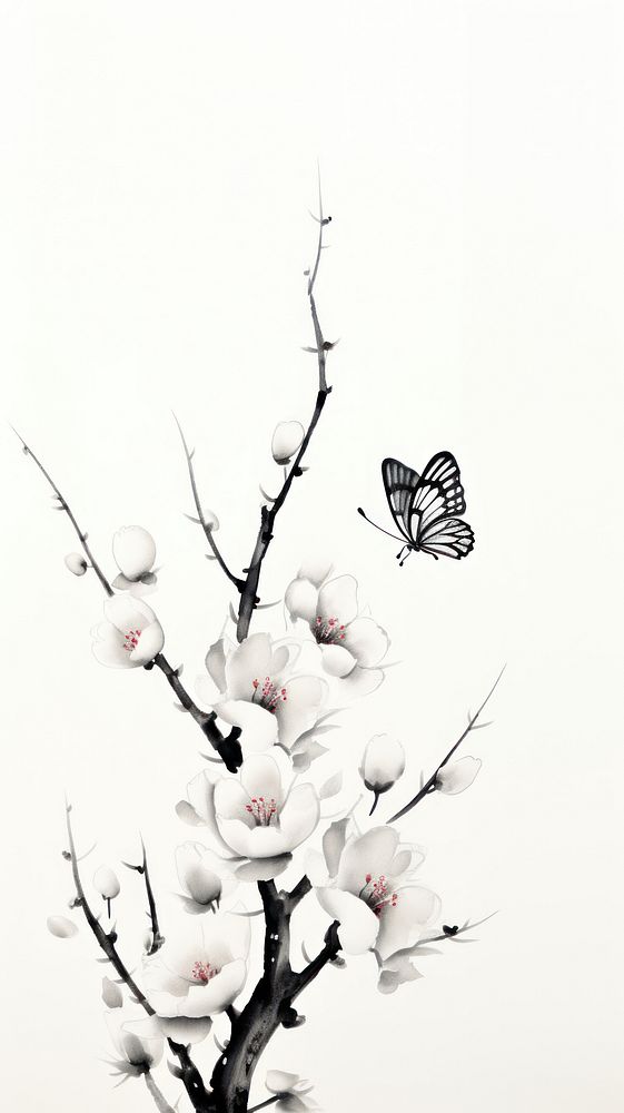 Butterfly with plum blossom branch drawing flower sketch. AI generated Image by rawpixel.