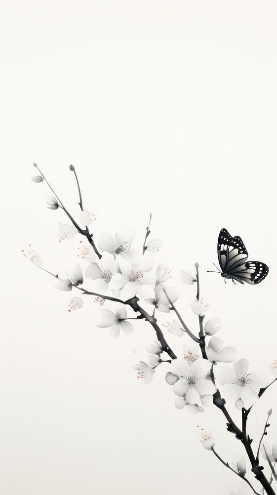 Butterfly with plum blossom branch flower insect plant. AI generated Image by rawpixel.