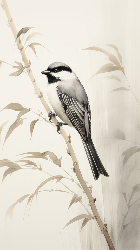 Bird perched on the bamboo leaves sparrow drawing animal. AI generated Image by rawpixel.
