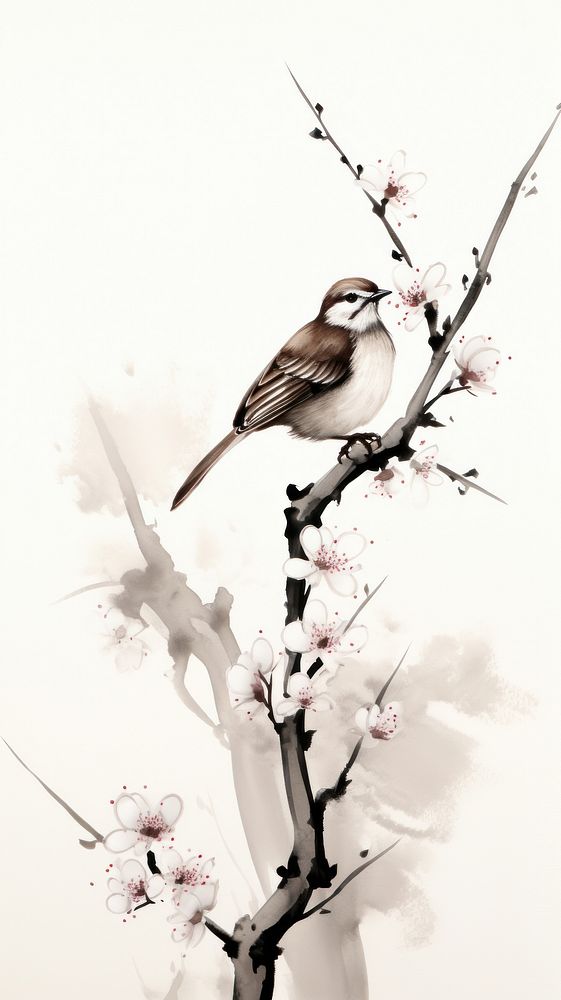 Bird perched on the plum blossom branch sparrow flower animal. AI generated Image by rawpixel.