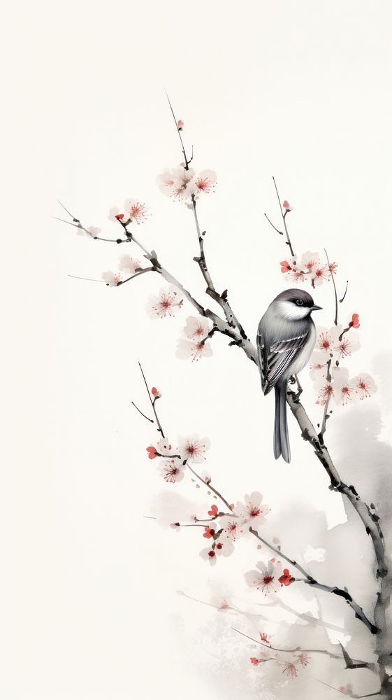 Bird perched on the plum blossom branch flower animal plant. AI generated Image by rawpixel.