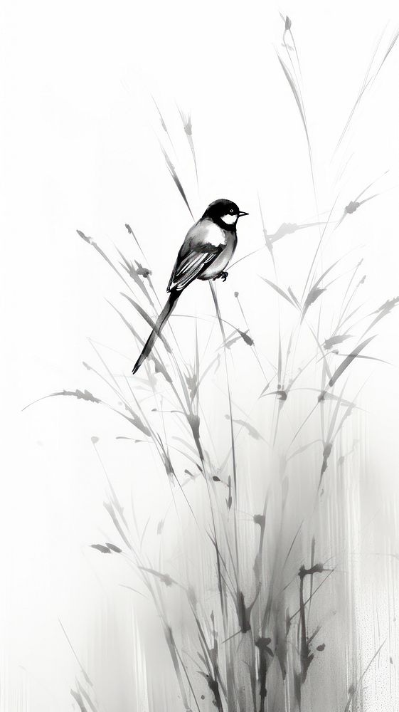 Bird perched on the bamboo leaves drawing animal sketch. AI generated Image by rawpixel.
