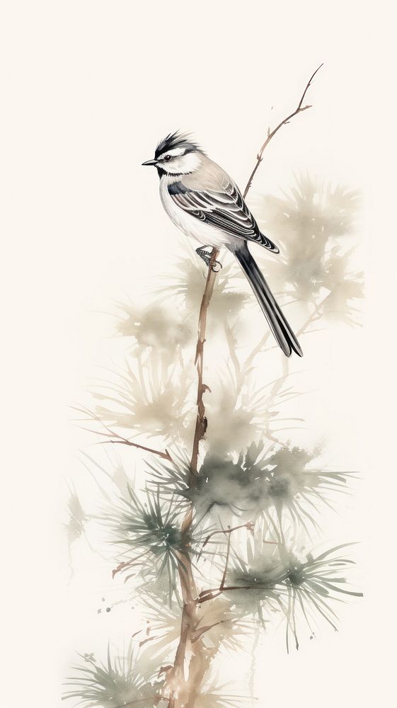 Bird perched on the pine tree sparrow drawing animal. AI generated Image by rawpixel.