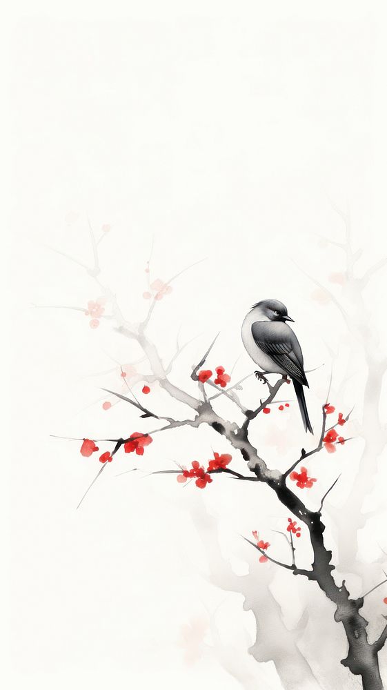 Bird perched on the plum blossom branch flower animal plant. AI generated Image by rawpixel.
