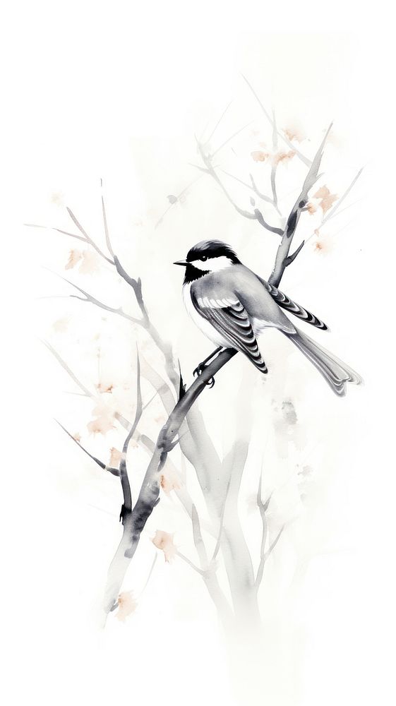 Bird perched on branch sparrow drawing animal. AI generated Image by rawpixel.