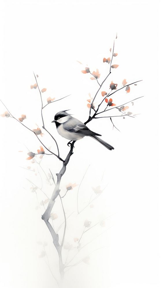 Bird perched on branch flower animal plant. AI generated Image by rawpixel.