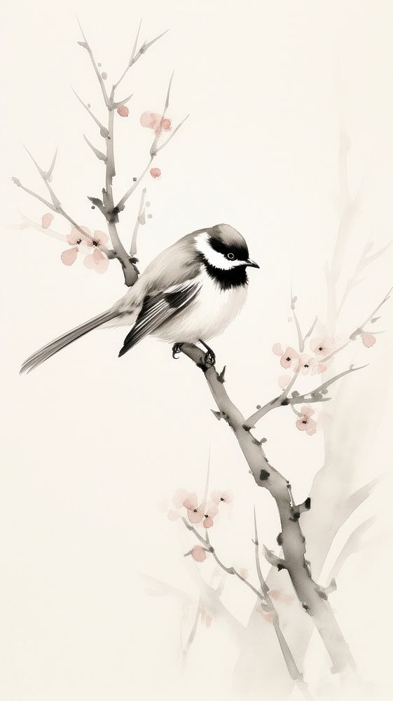 Bird perched on branch sparrow animal flower. AI generated Image by rawpixel.