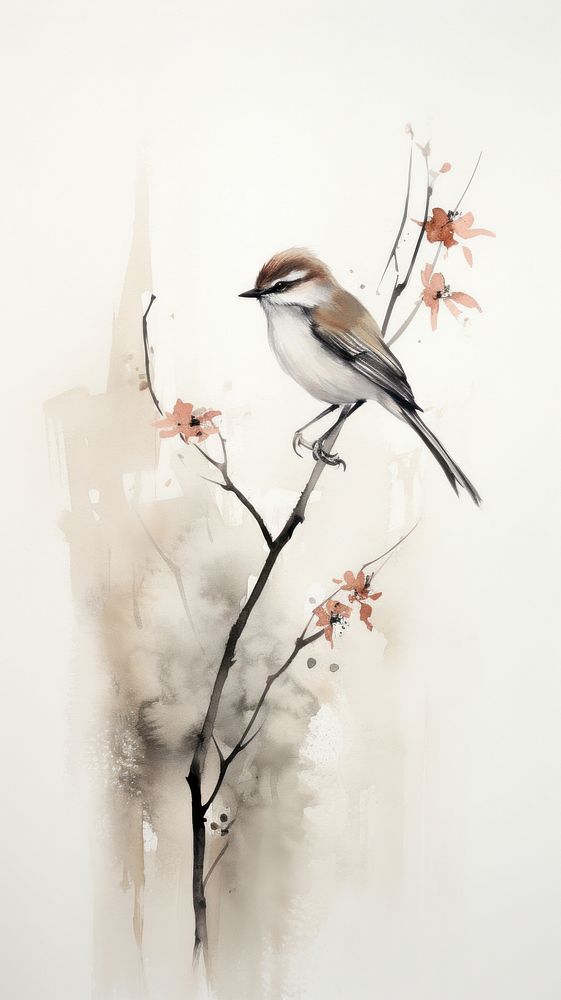 Bird perched on branch painting sparrow drawing. AI generated Image by rawpixel.