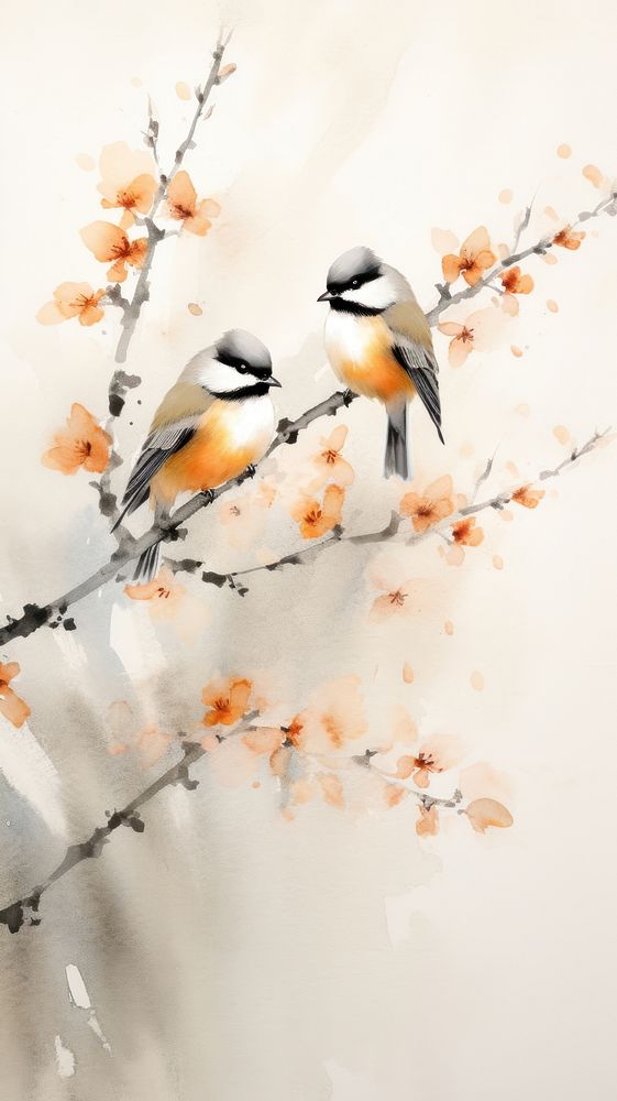 Birds perched on the peach branch painting flower animal