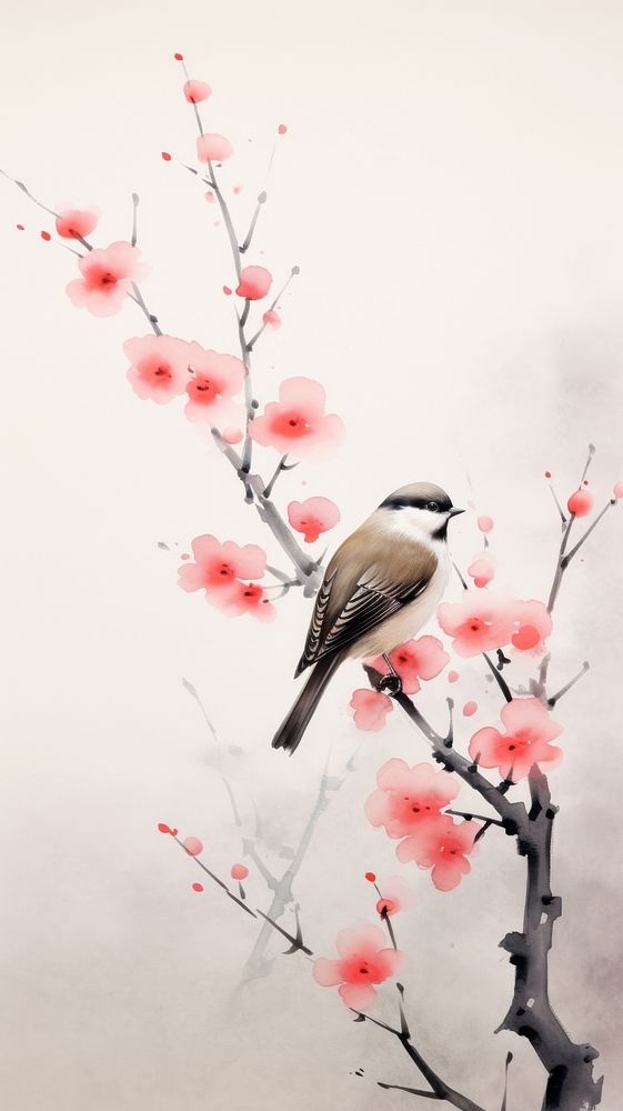 Birds perched on the peach branch outdoors blossom flower