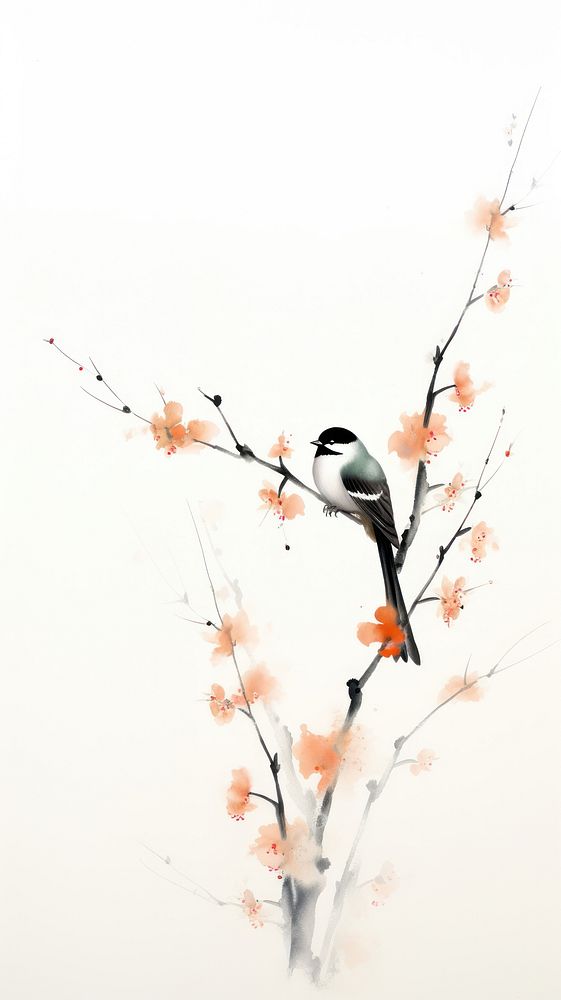 Birds perched on the peach branch flower animal plant. AI generated Image by rawpixel.