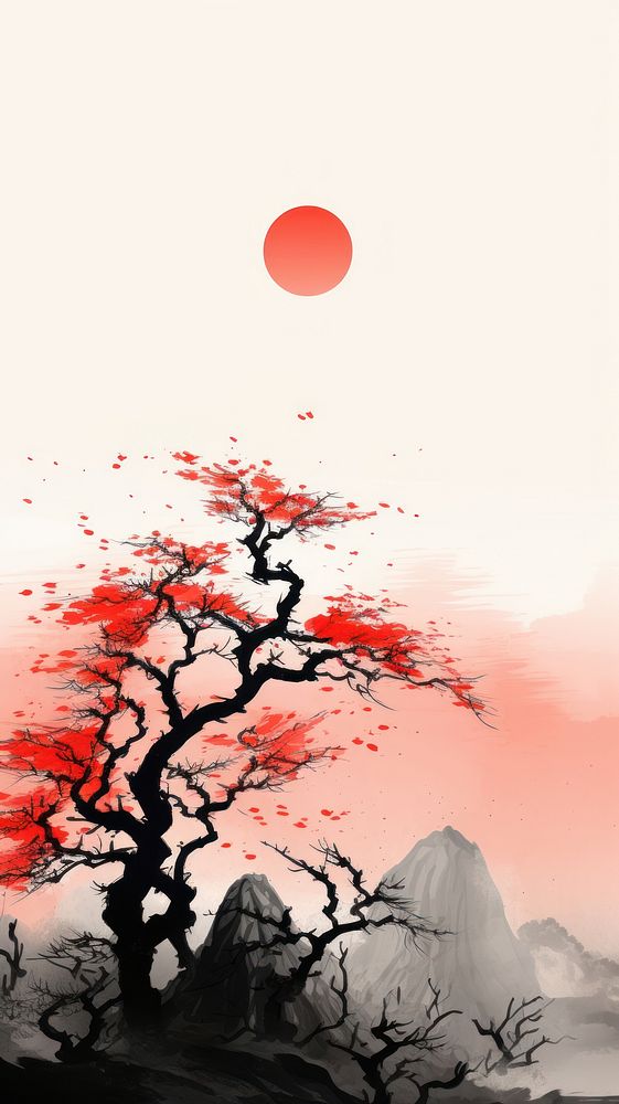 Chinese banyan on the mountain and red sun landscape outdoors painting