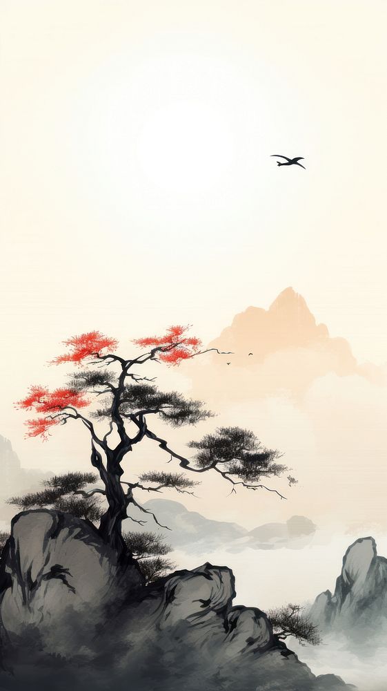 Chinese banyan on the mountain and sun landscape outdoors painting. AI generated Image by rawpixel.