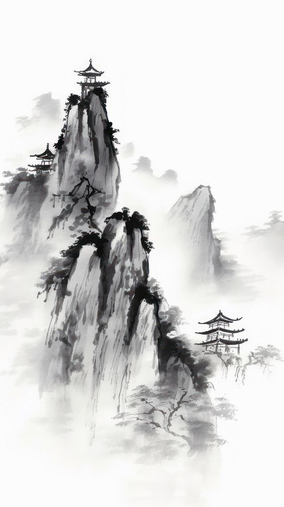 Chinese houses on the mountain cliff drawing sketch spirituality. AI generated Image by rawpixel.