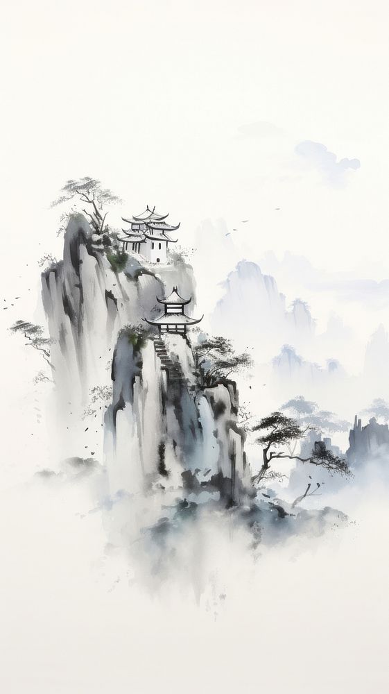 Chinese houses on the mountain cliff outdoors drawing nature. AI generated Image by rawpixel.