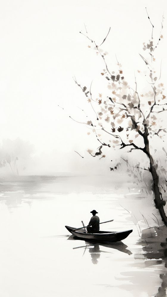 Fisherman on the boat with plum blossom branch outdoors vehicle rowboat
