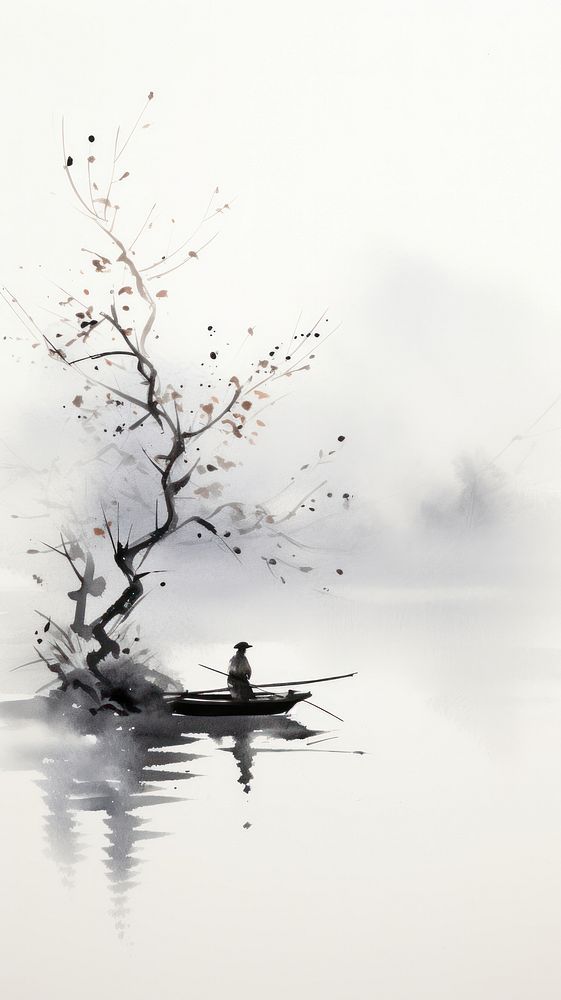 Fisherman on the boat with plum blossom branch outdoors nature water. 