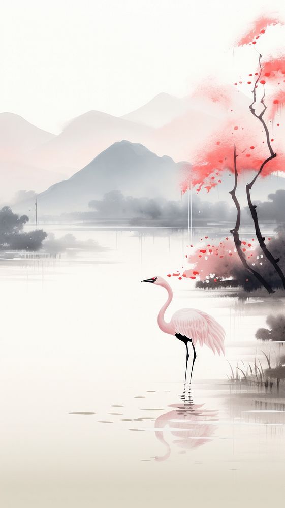 Flamingo perched on the lake and mountain outdoors bird tranquility. AI generated Image by rawpixel.