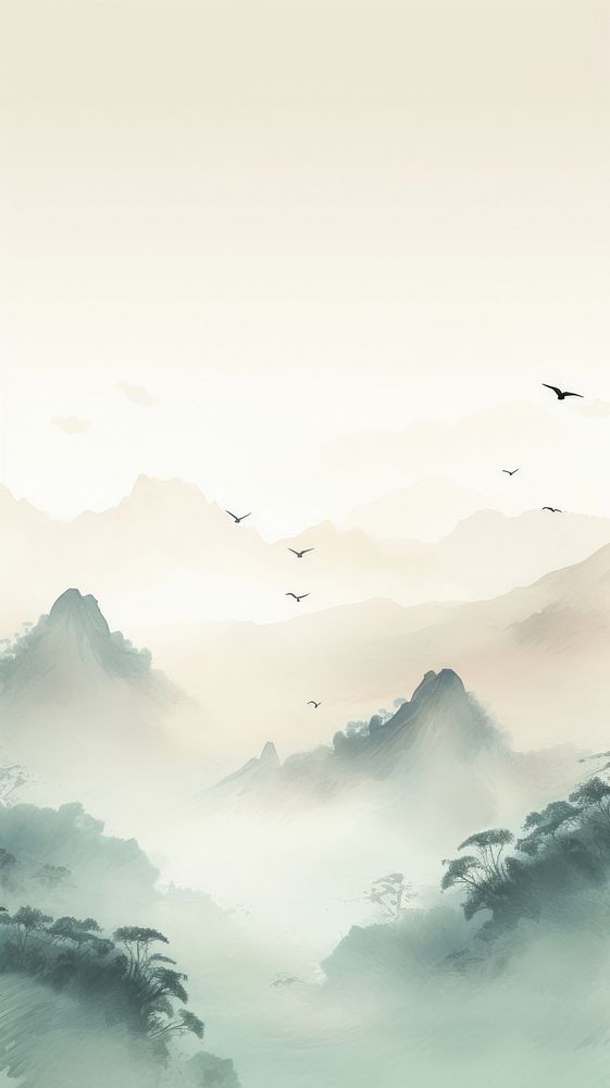 Flock of birds flying and mountain backgrounds landscape outdoors. AI generated Image by rawpixel.