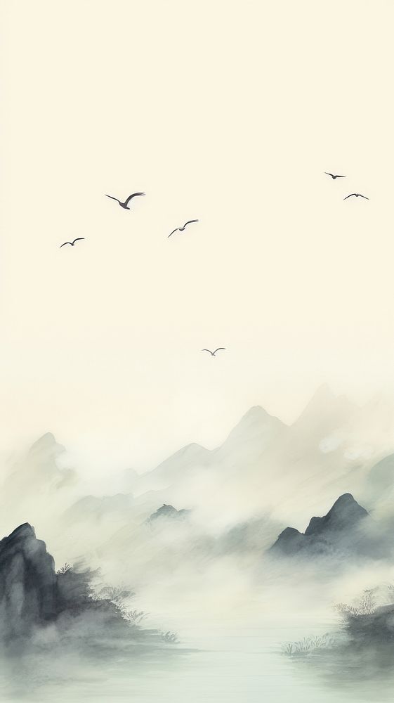 Flock of birds flying and mountain backgrounds outdoors nature. AI generated Image by rawpixel.