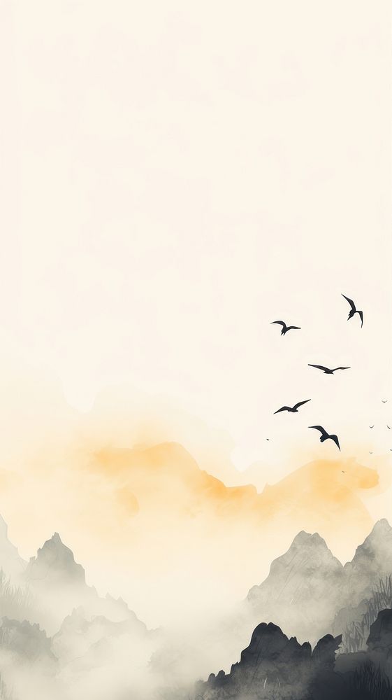 Flock of birds flying and mountain backgrounds silhouette outdoors. AI generated Image by rawpixel.