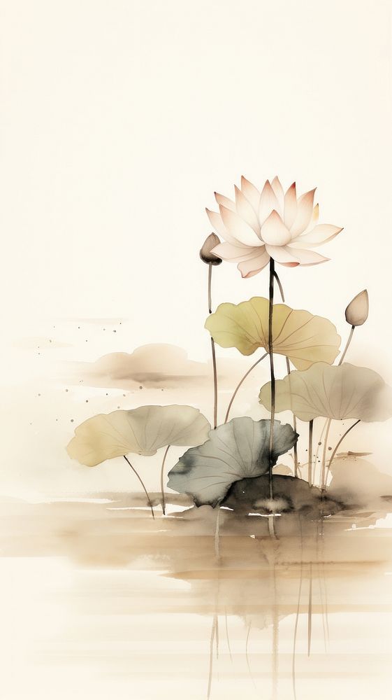 Lotus on the lake painting flower plant. AI generated Image by rawpixel.