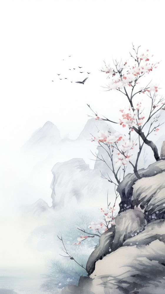 Plum blossom tree on the mountain cliff outdoors nature plant. AI generated Image by rawpixel.