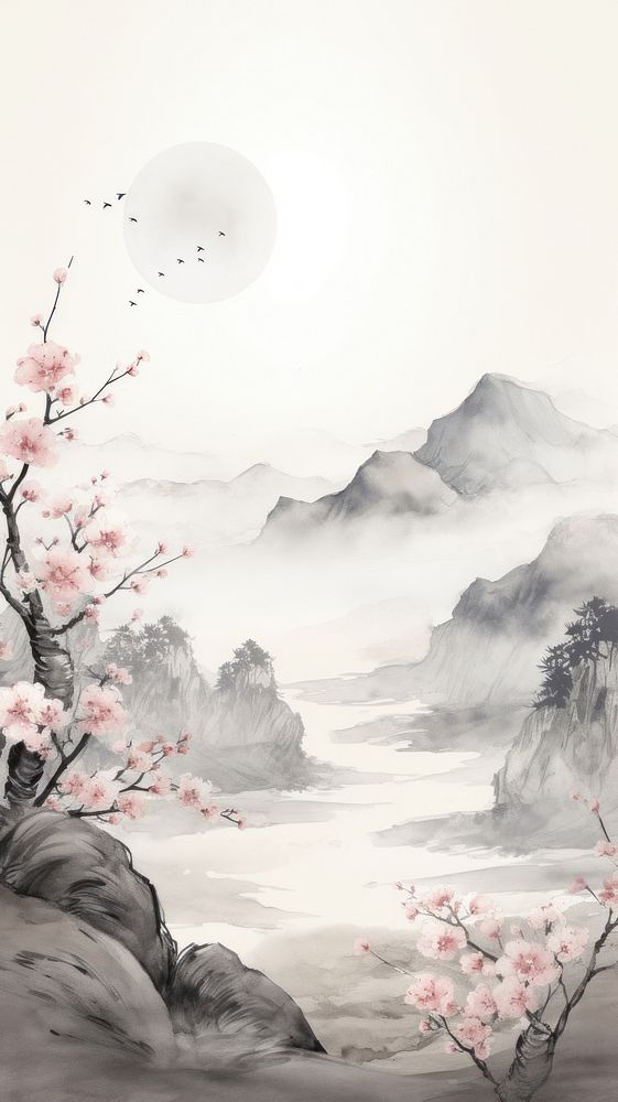 Plum blossom on the mountain range outdoors painting nature. AI generated Image by rawpixel.