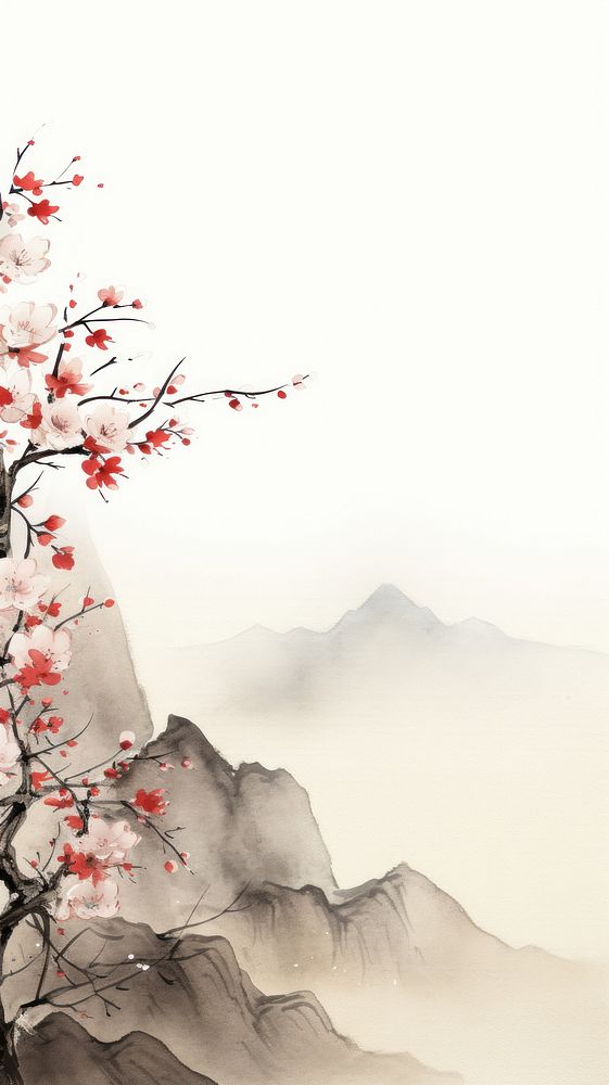 Plum blossom on the mountain range outdoors painting plant. AI generated Image by rawpixel.