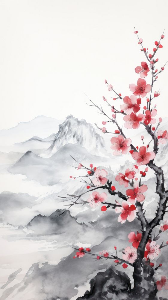 Plum blossom mountain range painting | Premium Photo Illustration ...