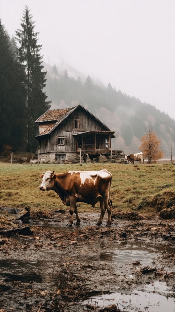 Cow and little farm livestock outdoors animal. AI generated Image by rawpixel.