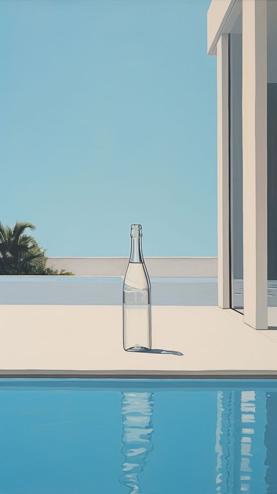 Champagne bottle on the poolside glass architecture tranquility. AI generated Image by rawpixel.