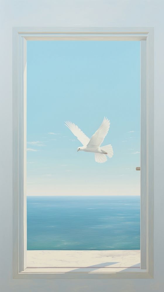 A white dove outside the window with seascape background flying bird architecture