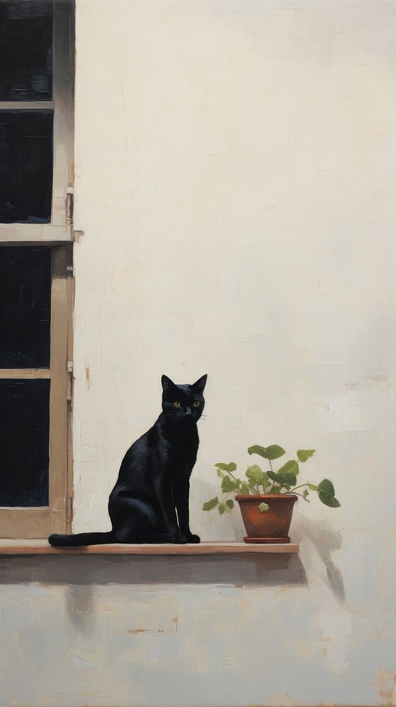 A black cat on the window sill mammal animal plant. 