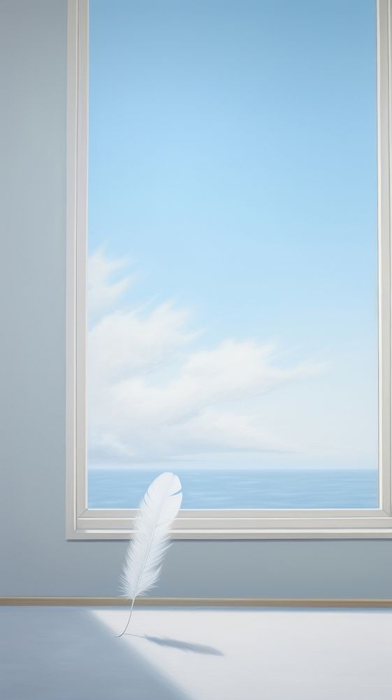 A feather on the table next to the window with sky background nature architecture tranquility. AI generated Image by…
