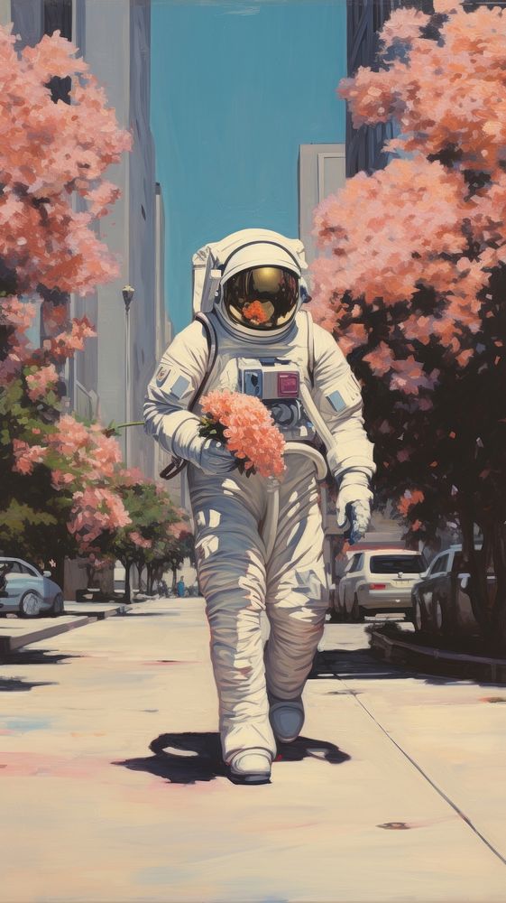 Astronaut walks the street with flower in hand vehicle adult plant. 