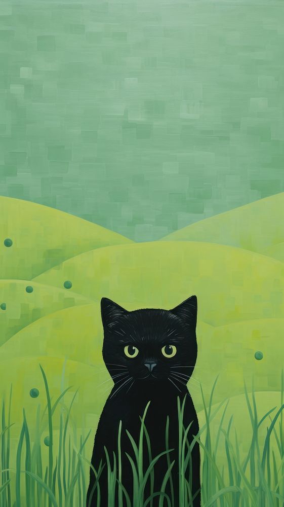 Black cat in green field painting animal mammal. AI generated Image by rawpixel.