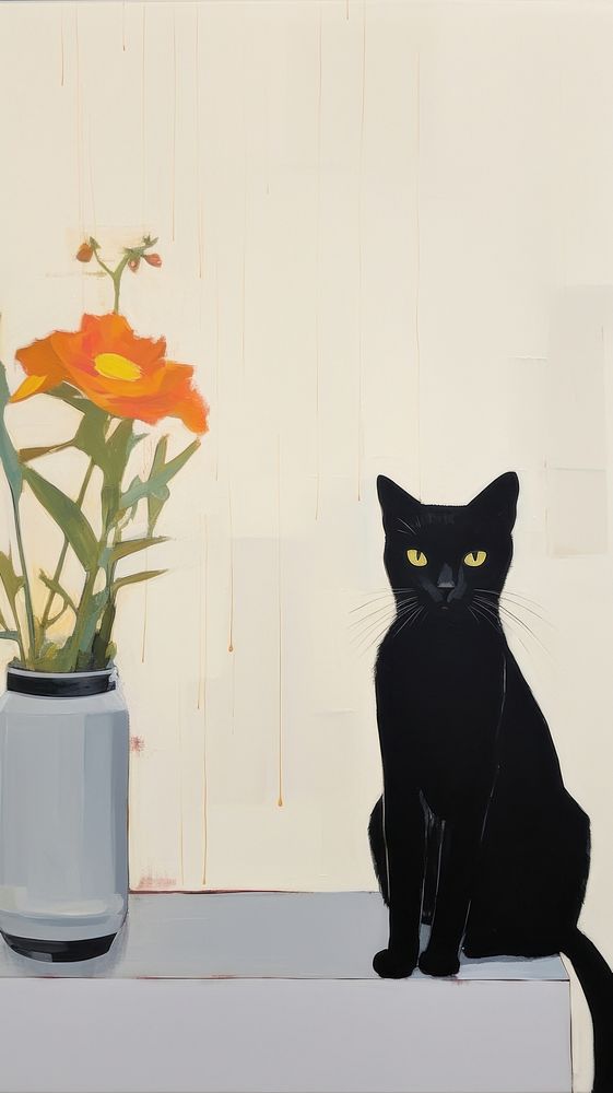 Black cat with flower in living room painting animal mammal. AI generated Image by rawpixel.