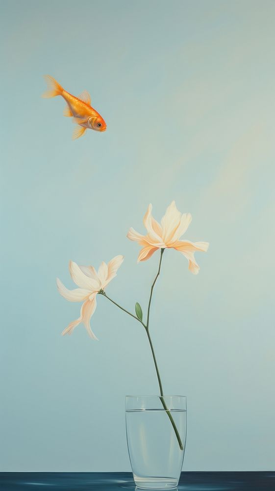 Goldfish in the air with flower animal plant underwater. AI generated Image by rawpixel.