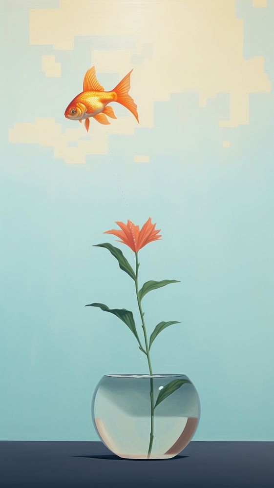 Goldfish in the air with flower plant freshness fragility. AI generated Image by rawpixel.