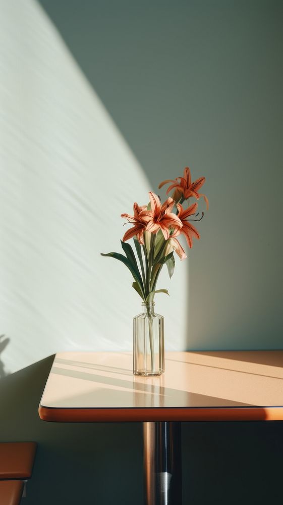 Flower vase onthe table in retro resturant furniture plant centrepiece. AI generated Image by rawpixel.
