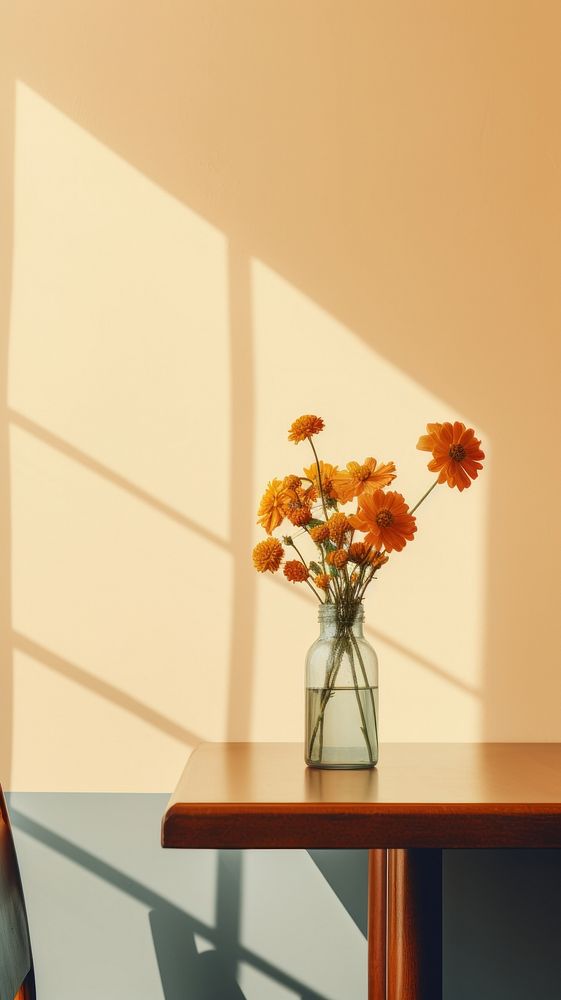 Flower vase on the table in retro restaurant furniture window plant. AI generated Image by rawpixel.