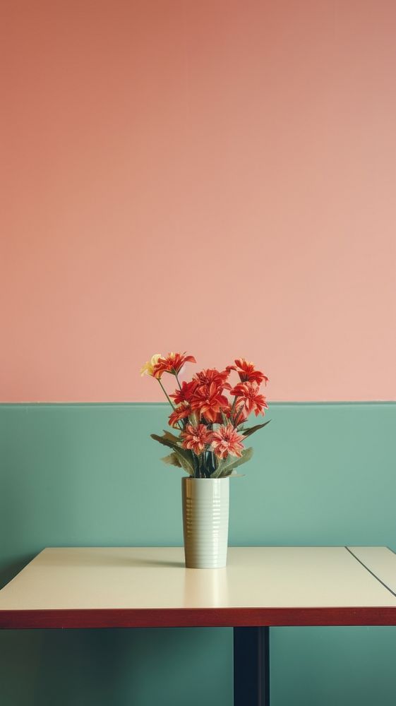 Flower vase on the table in retro restaurant furniture plant fragility. AI generated Image by rawpixel.