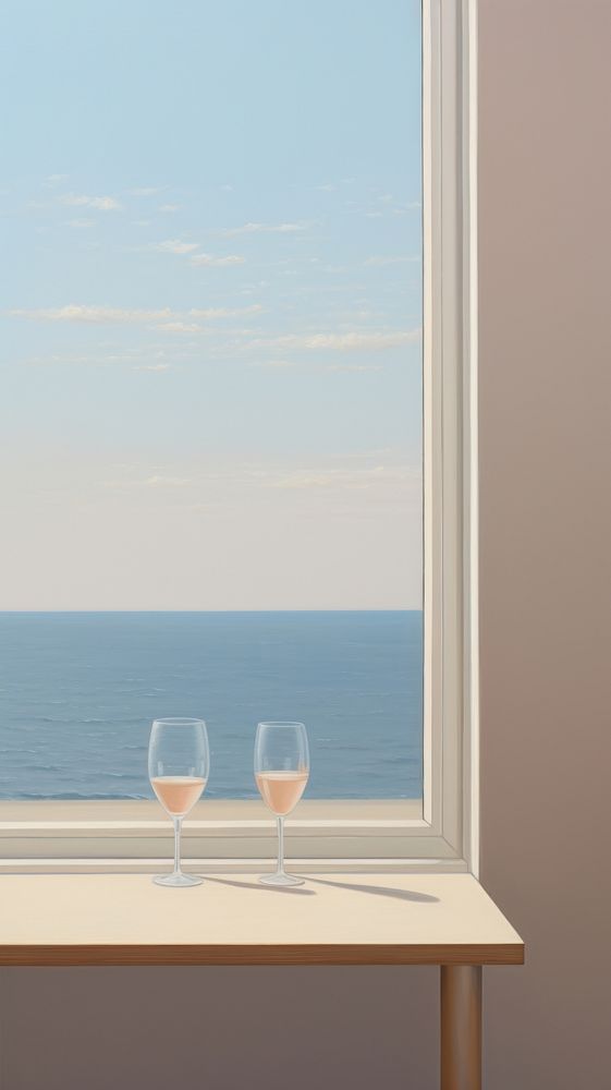 Minimal seascape out of the window view with a champagne nature glass architecture. AI generated Image by rawpixel.