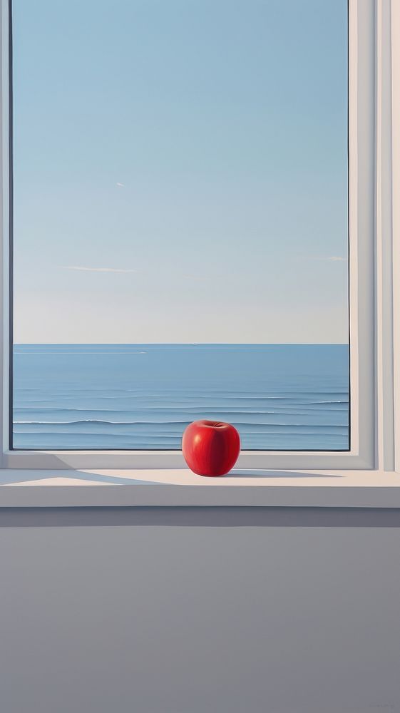 Minimal seascape out of the window view with a red apple windowsill reflection blackboard. AI generated Image by rawpixel.