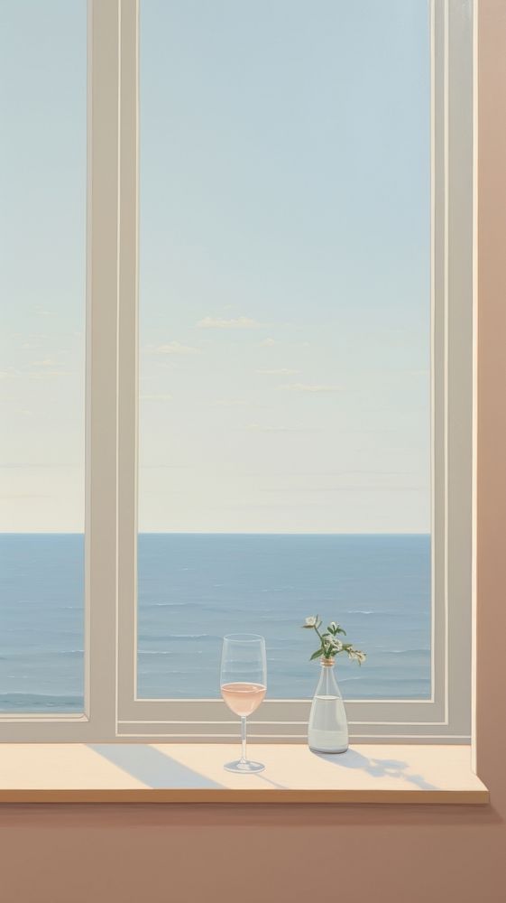 Minimal seascape out of the window view with a champagne windowsill glass architecture. 